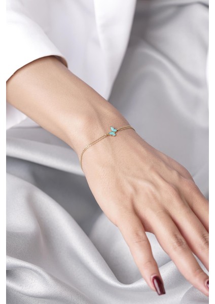 14 Ayar Altın Mavi Mineli Kelebek Bileklik