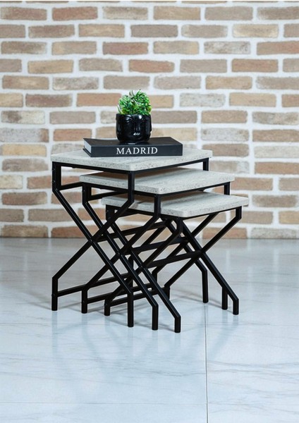 Dekoratif 3’lü Zigon Sehpa Metal Ayaklı Beyaz Ahşap Kare Misafir Servis Sehpası Orta Sehpa