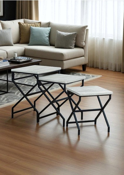 Dekoratif 3’lü Zigon Sehpa Metal Ayaklı Beyaz Ahşap Kare Misafir Servis Sehpası Orta Sehpa fiyatları