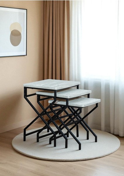 Dekoratif 3’lü Zigon Sehpa Metal Ayaklı Beyaz Ahşap Kare Misafir Servis Sehpası Orta Sehpa modelleri