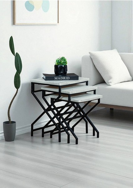 Dekoratif 3’lü Zigon Sehpa Metal Ayaklı Beyaz Ahşap Kare Misafir Servis Sehpası Orta Sehpa