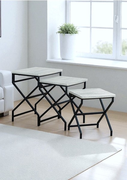 Dekoratif 3’lü Zigon Sehpa Metal Ayaklı Beyaz Ahşap Kare Misafir Servis Sehpası Orta Sehpa