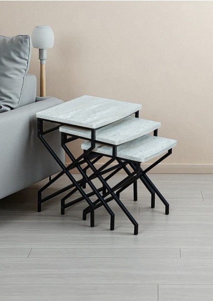 Dekoratif 3’lü Zigon Sehpa Metal Ayaklı Beyaz Ahşap Kare Misafir Servis Sehpası Orta Sehpa