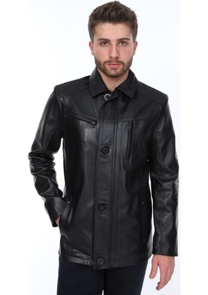 Hakiki Deri Siyah Düğmeli Dört Cepli Erkek Deri Ceket