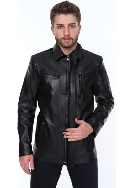 Hakiki Deri Siyah Düğmeli Dört Cepli Erkek Deri Ceket modelleri