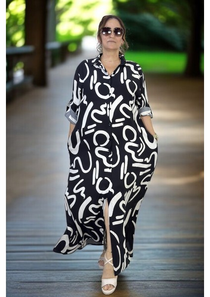 Önden Boydan Düğmeli Figür Baskılı Gömlek Yaka Tiril Tiril Pamuklu Viskon Büyük Beden Yazlık Elbise 54-56