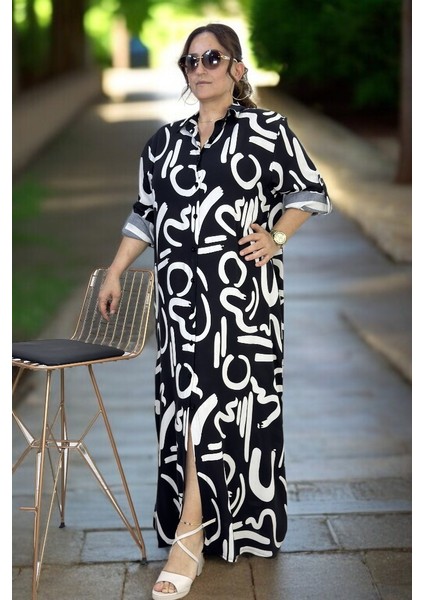 Önden Boydan Düğmeli Figür Baskılı Gömlek Yaka Tiril Tiril Pamuklu Viskon Büyük Beden Yazlık Elbise 54-56 modelleri
