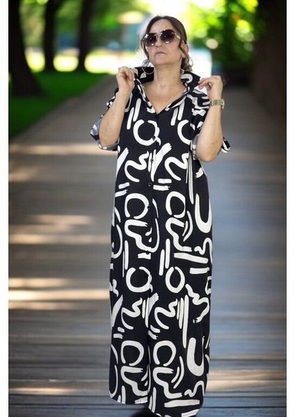 Önden Boydan Düğmeli Figür Baskılı Gömlek Yaka Tiril Tiril Pamuklu Viskon Büyük Beden Yazlık Elbise 54-56 fırsatları