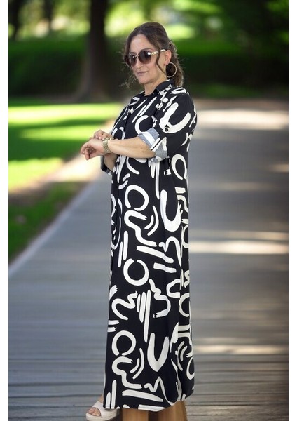 Önden Boydan Düğmeli Figür Baskılı Gömlek Yaka Tiril Tiril Pamuklu Viskon Büyük Beden Yazlık Elbise 54-56 indirimleri