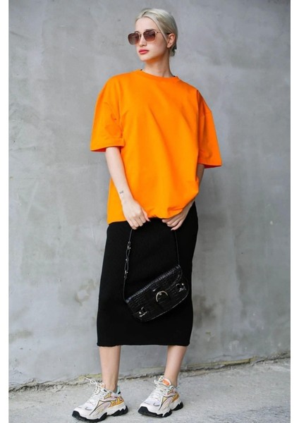 Süper Kalite Unisex Pamuk Oranj Bisiklet Yaka Oversize Boyfriend T-Shirt Kadın Erkek Turuncu Orange fiyatları