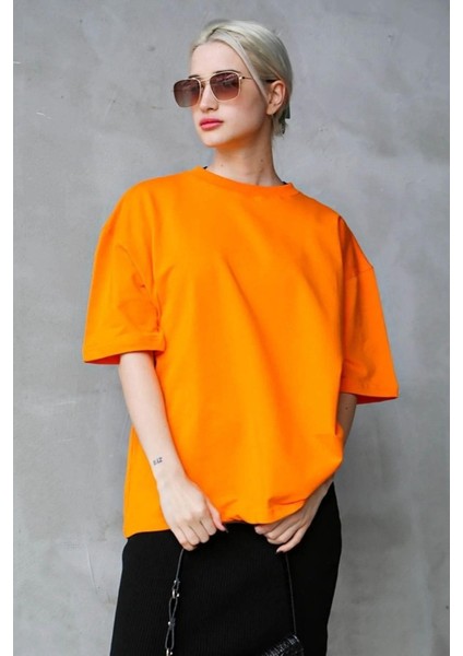 Süper Kalite Unisex Pamuk Oranj Bisiklet Yaka Oversize Boyfriend T-Shirt Kadın Erkek Turuncu Orange modelleri