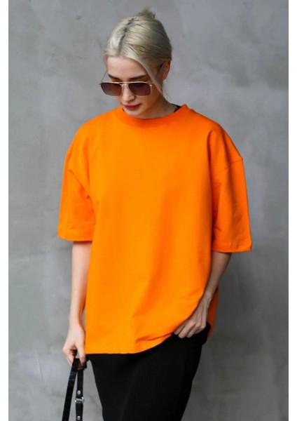 Süper Kalite Unisex Pamuk Oranj Bisiklet Yaka Oversize Boyfriend T-Shirt Kadın Erkek Turuncu Orange fırsatları