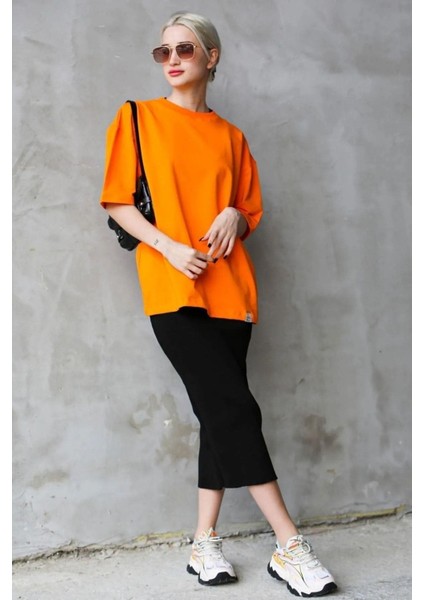 Süper Kalite Unisex Pamuk Oranj Bisiklet Yaka Oversize Boyfriend T-Shirt Kadın Erkek Turuncu Orange indirimleri