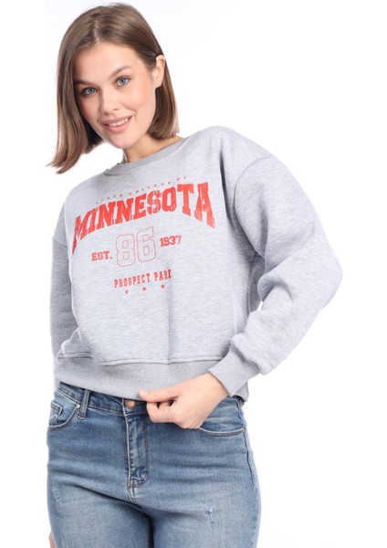 Kadın %100 Pamuk Baskılı Gri Melanj Ultra Kalite Şardonlu 3 Iplik Bisiklet Yaka Basic Sweatshirt