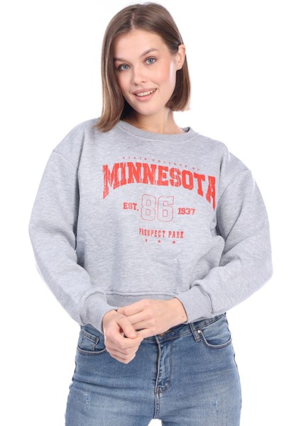 Kadın %100 Pamuk Baskılı Gri Melanj Ultra Kalite Şardonlu 3 Iplik Bisiklet Yaka Basic Sweatshirt modelleri