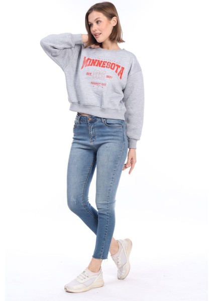 Kadın %100 Pamuk Baskılı Gri Melanj Ultra Kalite Şardonlu 3 Iplik Bisiklet Yaka Basic Sweatshirt fırsatları