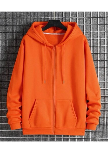 %100 Pamuk Ultra Kalite Erkek Turuncu 3 Iplik Kapüşonlu Fermuarlı Cepli Sweatshirt Oranj