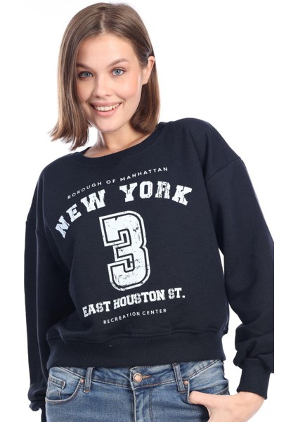 Kadın %100 Pamuk Baskılı Lacivert Ultra Kalite Şardonsuz 3 Iplik Bisiklet Yaka Basic Sweatshirt