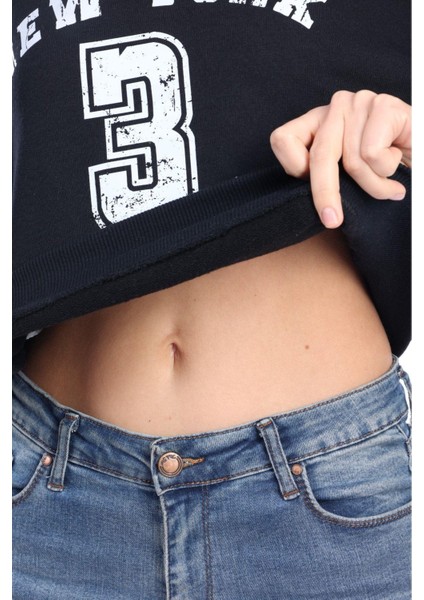 Kadın %100 Pamuk Baskılı Lacivert Ultra Kalite Şardonsuz 3 Iplik Bisiklet Yaka Basic Sweatshirt fiyatları