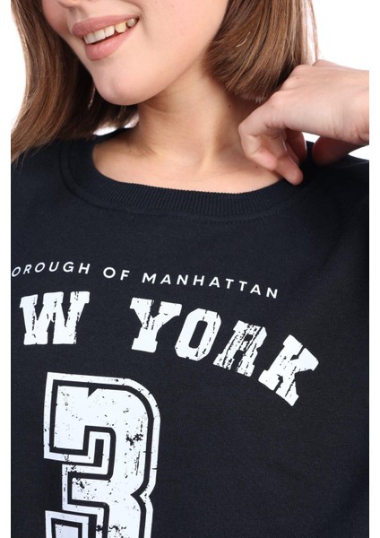 Kadın %100 Pamuk Baskılı Lacivert Ultra Kalite Şardonsuz 3 Iplik Bisiklet Yaka Basic Sweatshirt modelleri