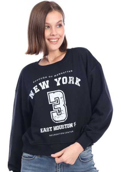 Kadın %100 Pamuk Baskılı Lacivert Ultra Kalite Şardonsuz 3 Iplik Bisiklet Yaka Basic Sweatshirt fırsatları