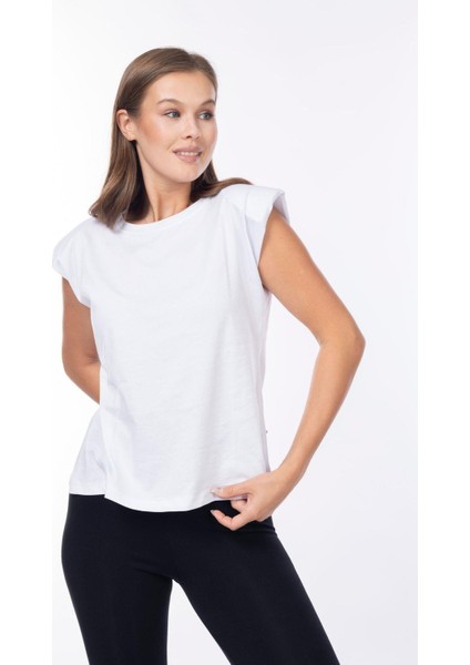 Kadın %100 Organik Pamuk Beyaz Omuz Vatkalı Kolsuz T-Shirt