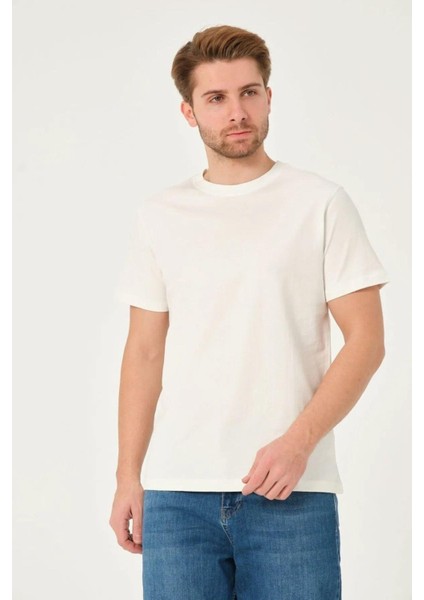 x Serüven %100 Organik Pamuk Erkek Düz Ekru Tişört Regular Fit / Normal Kesim