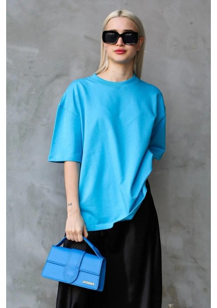 Süper Kalite Kadın %100 Pamuk Turkuaz Bisiklet Yaka Oversize Boyfriend T-Shirt fiyatları