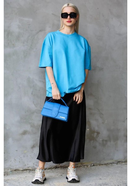 Süper Kalite Kadın %100 Pamuk Turkuaz Bisiklet Yaka Oversize Boyfriend T-Shirt modelleri