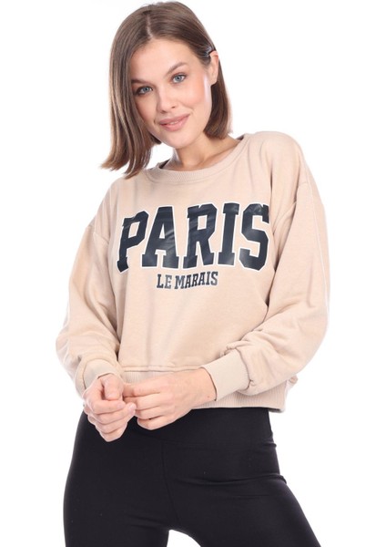 Kadın %100 Pamuk Baskılı Bej Ultra Kalite Diagonel Şardonsuz 3iplik Bisiklet Yaka Basic Sweatshirt