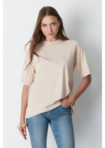 Süper Kalite Kadın %100 Pamuk Bej Bisiklet Yaka Oversize Boyfriend T-Shirt