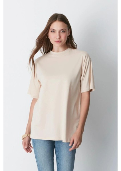 Süper Kalite Kadın %100 Pamuk Bej Bisiklet Yaka Oversize Boyfriend T-Shirt fiyatları