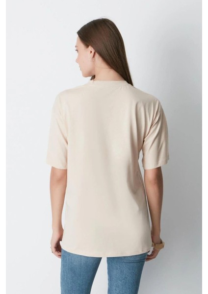 Süper Kalite Kadın %100 Pamuk Bej Bisiklet Yaka Oversize Boyfriend T-Shirt modelleri