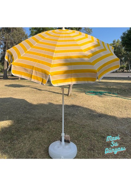 Sarı 2 Metre Pamuk Kumaşlı Eğilebilir Plaj ve Balkon Şemsiyesi, Bidon Dahil