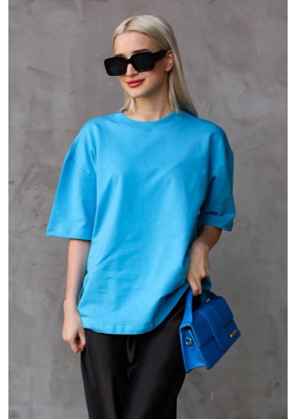Süper Kalite Kadın %100 Pamuk Turkuaz Bisiklet Yaka Oversize Boyfriend T-Shirt indirimleri