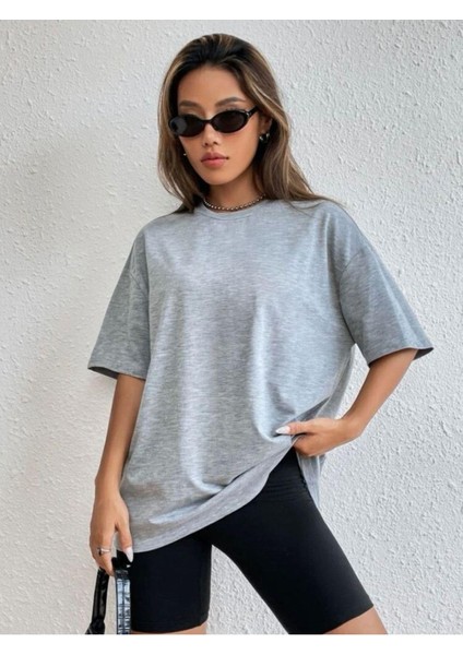 Süper Kalite Unisex Pamuk Gri Melanj Bisiklet Yaka Oversize Boyfriend T-Shirt Kadın Erkek Tişört modelleri