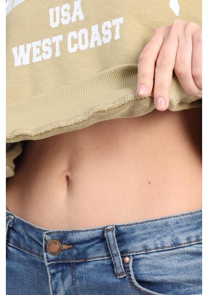 Kadın %100 Pamuk Baskılı Açık Haki Ultra Kalite Şardonsuz 3 Iplik Bisiklet Yaka Basic Sweatshirt fiyatları