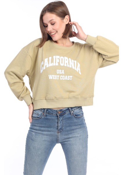 Kadın %100 Pamuk Baskılı Açık Haki Ultra Kalite Şardonsuz 3 Iplik Bisiklet Yaka Basic Sweatshirt modelleri