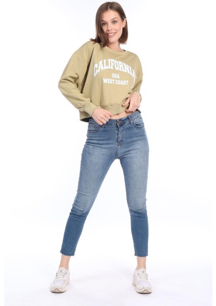 Kadın %100 Pamuk Baskılı Açık Haki Ultra Kalite Şardonsuz 3 Iplik Bisiklet Yaka Basic Sweatshirt fırsatları