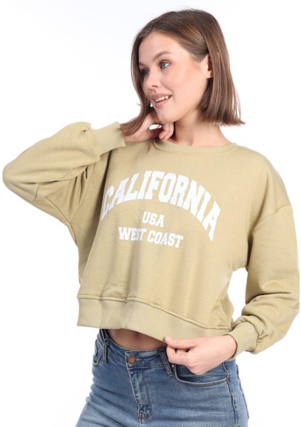 Kadın %100 Pamuk Baskılı Açık Haki Ultra Kalite Şardonsuz 3 Iplik Bisiklet Yaka Basic Sweatshirt indirimleri