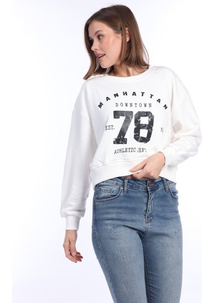 Kadın %100 Pamuk Baskılı Ekru Ultra Kalite Diagonel Şardonsuz 3iplik Bisiklet Yaka Basic Sweatshirt modelleri