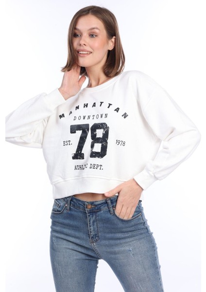 Kadın %100 Pamuk Baskılı Ekru Ultra Kalite Diagonel Şardonsuz 3iplik Bisiklet Yaka Basic Sweatshirt indirimleri