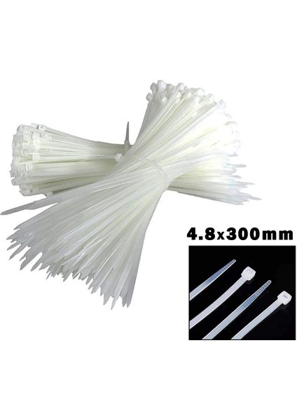 Beyaz 4.8X300MM Plastik Cirt Kelepçe 100PCS