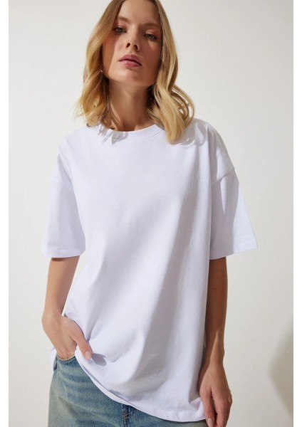 Süper Kalite Kadın %100 Pamuk Beyaz Bisiklet Yaka Oversize Boyfriend T-Shirt