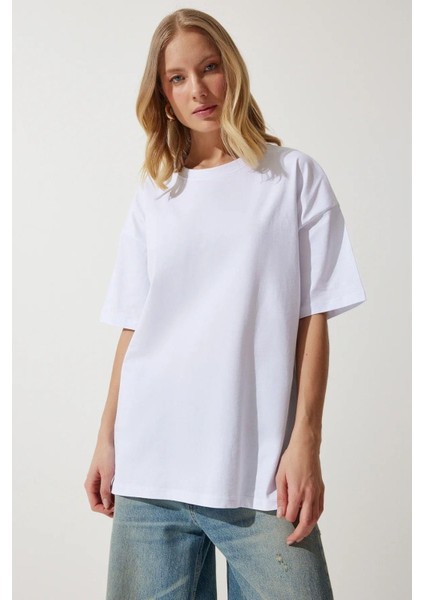 Süper Kalite Kadın %100 Pamuk Beyaz Bisiklet Yaka Oversize Boyfriend T-Shirt fırsatları