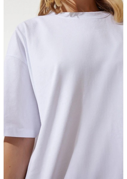 Süper Kalite Kadın %100 Pamuk Beyaz Bisiklet Yaka Oversize Boyfriend T-Shirt indirimleri