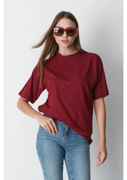 Süper Kalite Kadın %100 Pamuk Bordo Bisiklet Yaka Oversize Boyfriend T-Shirt