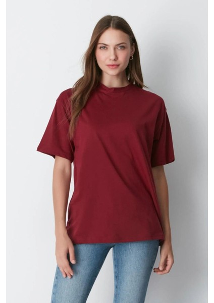 Süper Kalite Kadın %100 Pamuk Bordo Bisiklet Yaka Oversize Boyfriend T-Shirt fiyatları