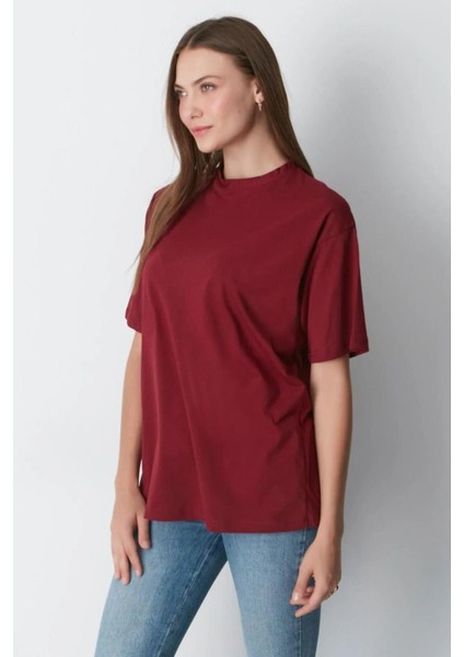 Süper Kalite Kadın %100 Pamuk Bordo Bisiklet Yaka Oversize Boyfriend T-Shirt modelleri