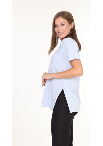 x Serüven %100 Pamuk Kadın Bebe Mavisi V Yaka Yanı Yırtmaçlı Asimetrik Penye Pamuk Örme T-Shirt fırsatları